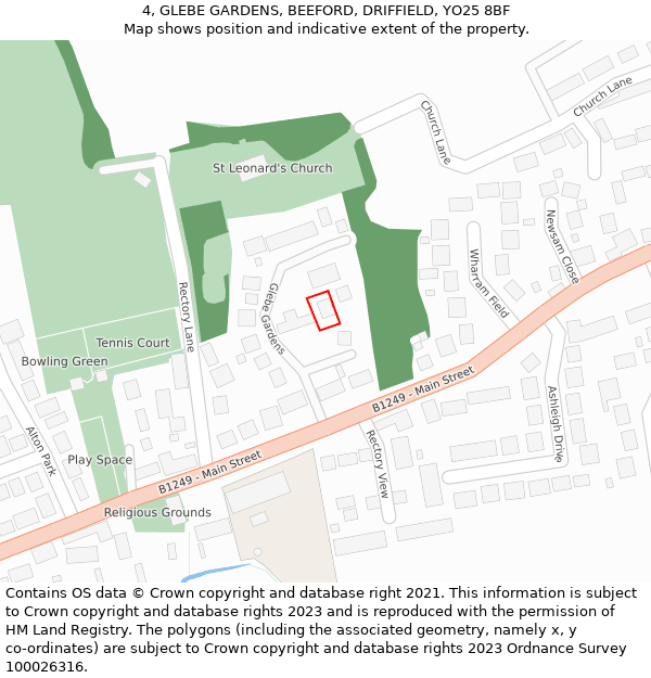 4, GLEBE GARDENS, BEEFORD, DRIFFIELD, YO25 8BF: Location map and indicative extent of plot