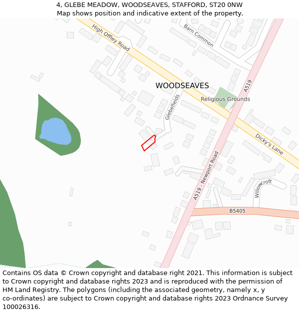 4, GLEBE MEADOW, WOODSEAVES, STAFFORD, ST20 0NW: Location map and indicative extent of plot