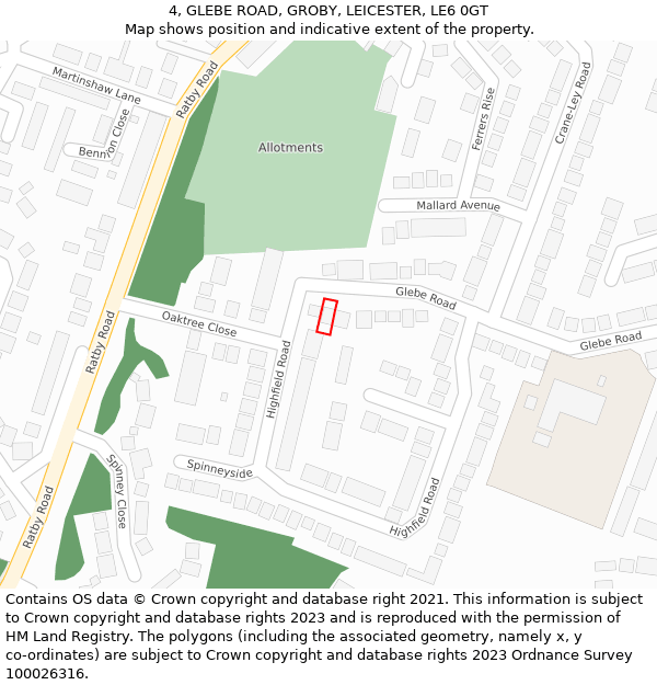 4, GLEBE ROAD, GROBY, LEICESTER, LE6 0GT: Location map and indicative extent of plot