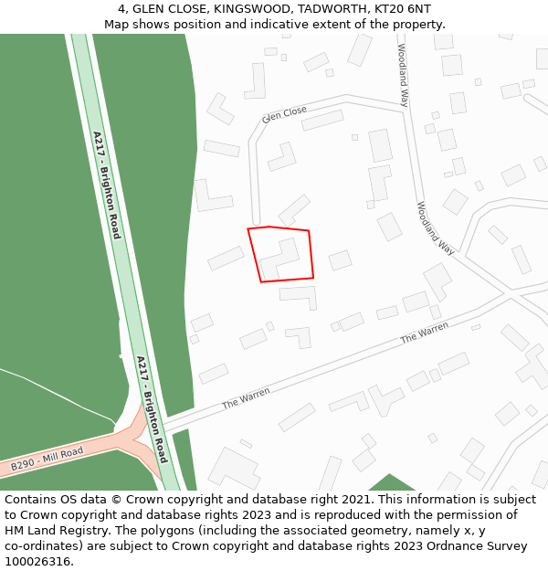 4, GLEN CLOSE, KINGSWOOD, TADWORTH, KT20 6NT: Location map and indicative extent of plot