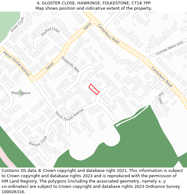 4, GLOSTER CLOSE, HAWKINGE, FOLKESTONE, CT18 7PP: Location map and indicative extent of plot