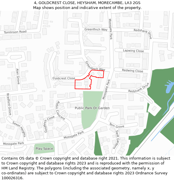 4, GOLDCREST CLOSE, HEYSHAM, MORECAMBE, LA3 2GS: Location map and indicative extent of plot