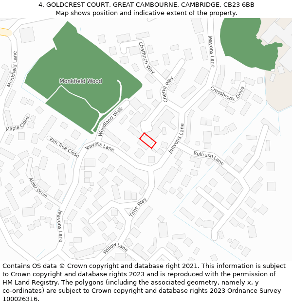 4, GOLDCREST COURT, GREAT CAMBOURNE, CAMBRIDGE, CB23 6BB: Location map and indicative extent of plot