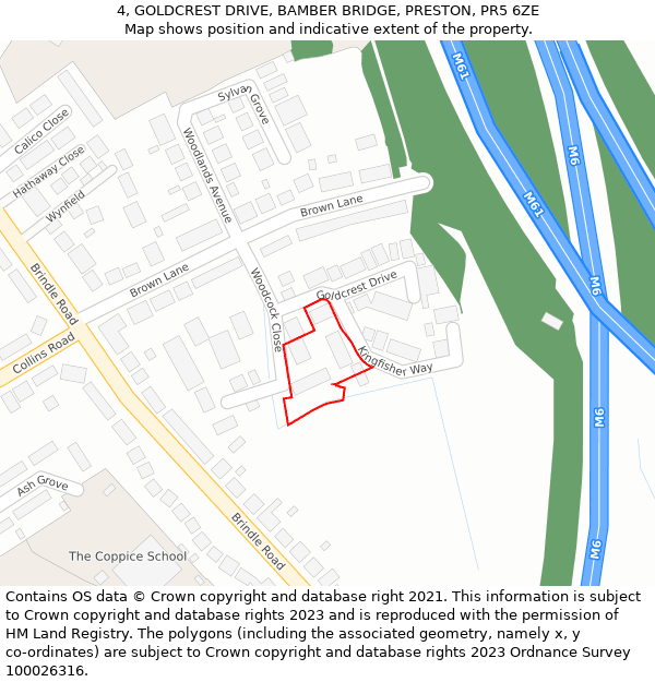 4, GOLDCREST DRIVE, BAMBER BRIDGE, PRESTON, PR5 6ZE: Location map and indicative extent of plot