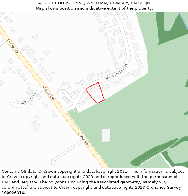 4, GOLF COURSE LANE, WALTHAM, GRIMSBY, DN37 0JN: Location map and indicative extent of plot