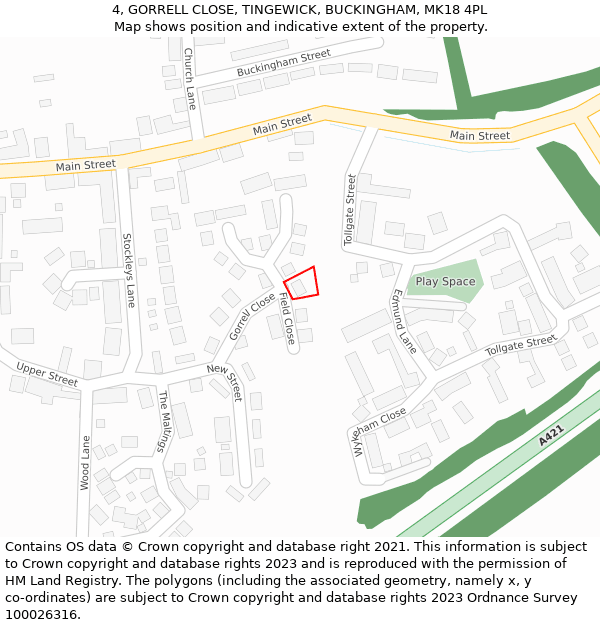 4, GORRELL CLOSE, TINGEWICK, BUCKINGHAM, MK18 4PL: Location map and indicative extent of plot