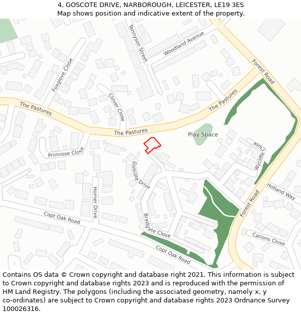 4, GOSCOTE DRIVE, NARBOROUGH, LEICESTER, LE19 3ES: Location map and indicative extent of plot