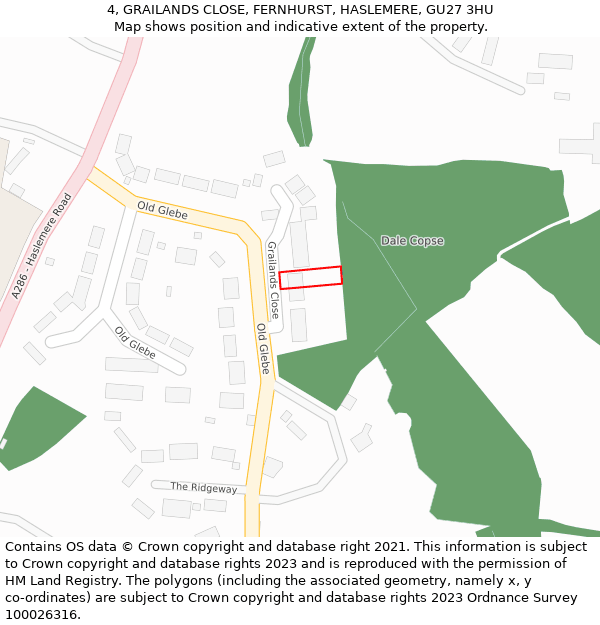 4, GRAILANDS CLOSE, FERNHURST, HASLEMERE, GU27 3HU: Location map and indicative extent of plot