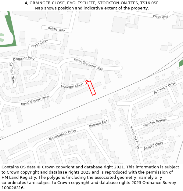 4, GRAINGER CLOSE, EAGLESCLIFFE, STOCKTON-ON-TEES, TS16 0SF: Location map and indicative extent of plot