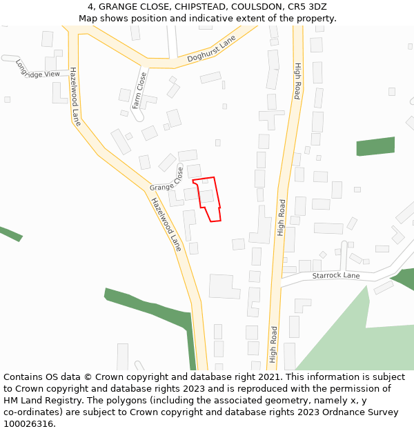 4, GRANGE CLOSE, CHIPSTEAD, COULSDON, CR5 3DZ: Location map and indicative extent of plot