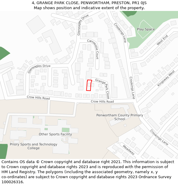 4, GRANGE PARK CLOSE, PENWORTHAM, PRESTON, PR1 0JS: Location map and indicative extent of plot