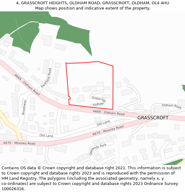 4, GRASSCROFT HEIGHTS, OLDHAM ROAD, GRASSCROFT, OLDHAM, OL4 4HU: Location map and indicative extent of plot