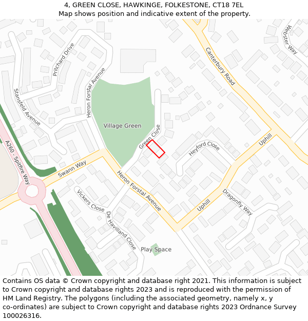 4, GREEN CLOSE, HAWKINGE, FOLKESTONE, CT18 7EL: Location map and indicative extent of plot