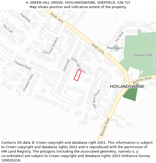 4, GREEN HILL GROVE, HOYLANDSWAINE, SHEFFIELD, S36 7LT: Location map and indicative extent of plot