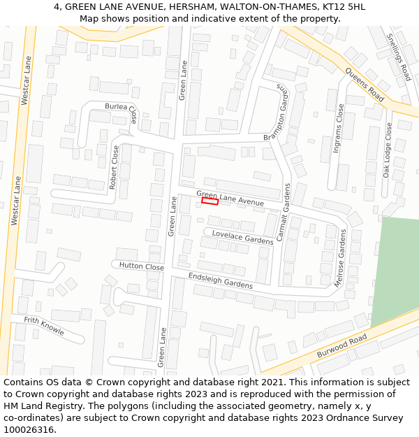 4, GREEN LANE AVENUE, HERSHAM, WALTON-ON-THAMES, KT12 5HL: Location map and indicative extent of plot