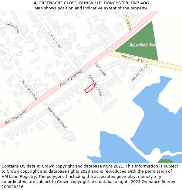 4, GREENACRE CLOSE, DUNSVILLE, DONCASTER, DN7 4QG: Location map and indicative extent of plot