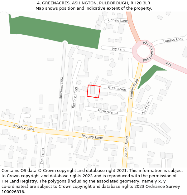 4, GREENACRES, ASHINGTON, PULBOROUGH, RH20 3LR: Location map and indicative extent of plot