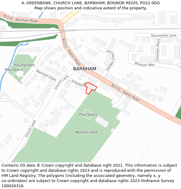 4, GREENBANK, CHURCH LANE, BARNHAM, BOGNOR REGIS, PO22 0DG: Location map and indicative extent of plot