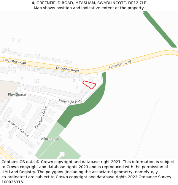 4, GREENFIELD ROAD, MEASHAM, SWADLINCOTE, DE12 7LB: Location map and indicative extent of plot