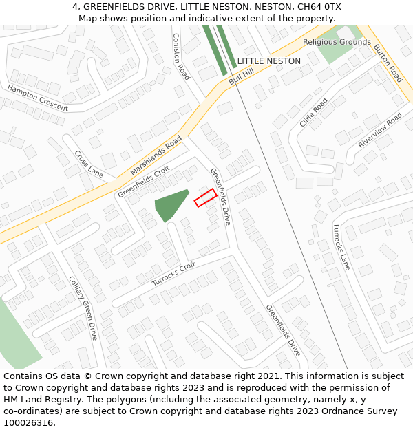 4, GREENFIELDS DRIVE, LITTLE NESTON, NESTON, CH64 0TX: Location map and indicative extent of plot