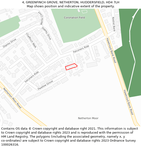 4, GREENFINCH GROVE, NETHERTON, HUDDERSFIELD, HD4 7LH: Location map and indicative extent of plot