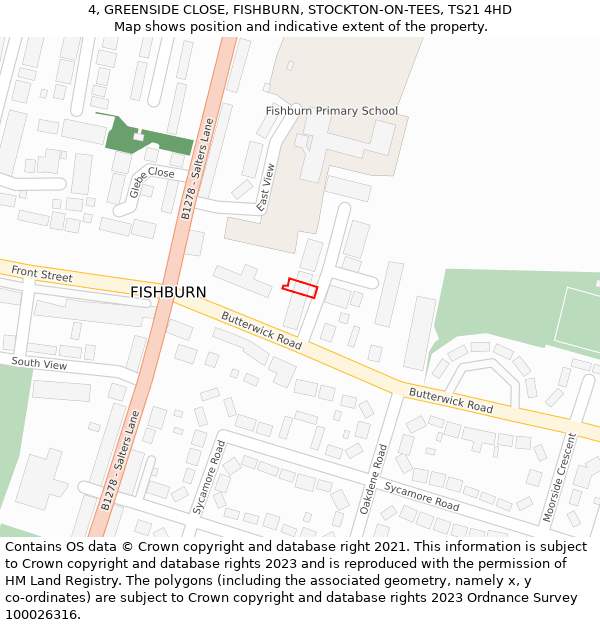 4, GREENSIDE CLOSE, FISHBURN, STOCKTON-ON-TEES, TS21 4HD: Location map and indicative extent of plot