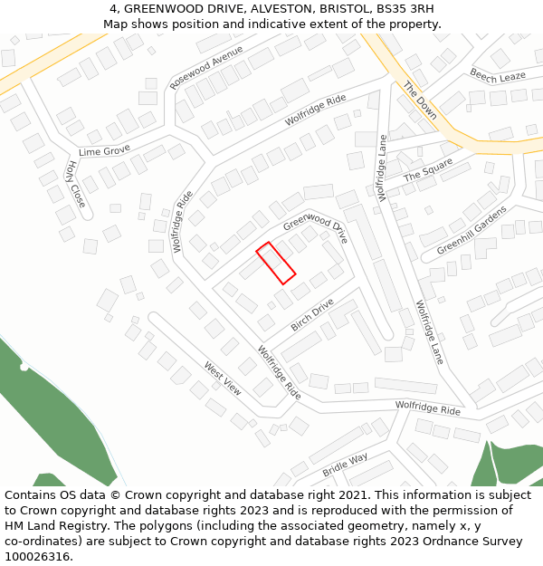 4, GREENWOOD DRIVE, ALVESTON, BRISTOL, BS35 3RH: Location map and indicative extent of plot