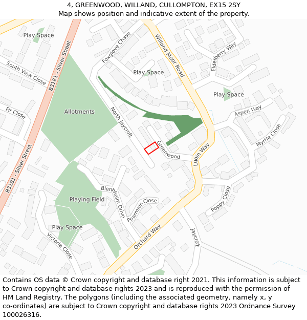 4, GREENWOOD, WILLAND, CULLOMPTON, EX15 2SY: Location map and indicative extent of plot