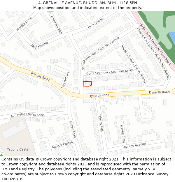 4, GRENVILLE AVENUE, RHUDDLAN, RHYL, LL18 5PN: Location map and indicative extent of plot