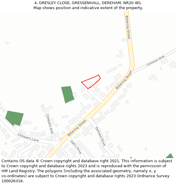 4, GRESLEY CLOSE, GRESSENHALL, DEREHAM, NR20 4EL: Location map and indicative extent of plot