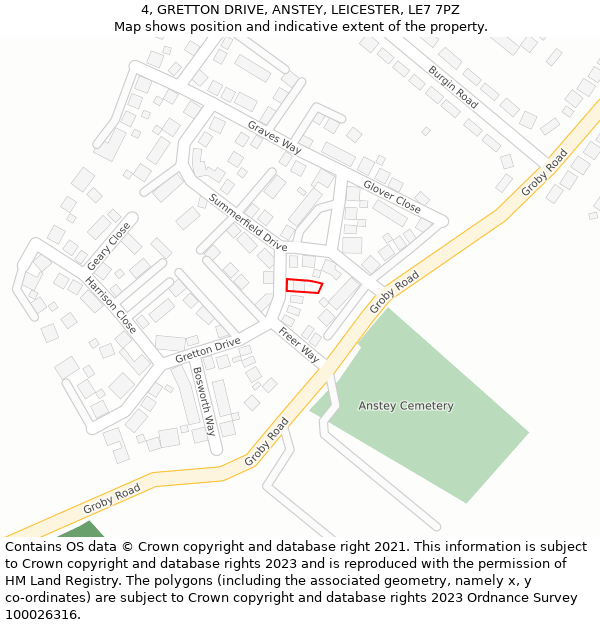 4, GRETTON DRIVE, ANSTEY, LEICESTER, LE7 7PZ: Location map and indicative extent of plot