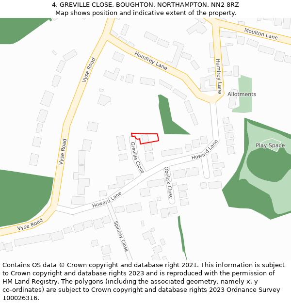 4, GREVILLE CLOSE, BOUGHTON, NORTHAMPTON, NN2 8RZ: Location map and indicative extent of plot