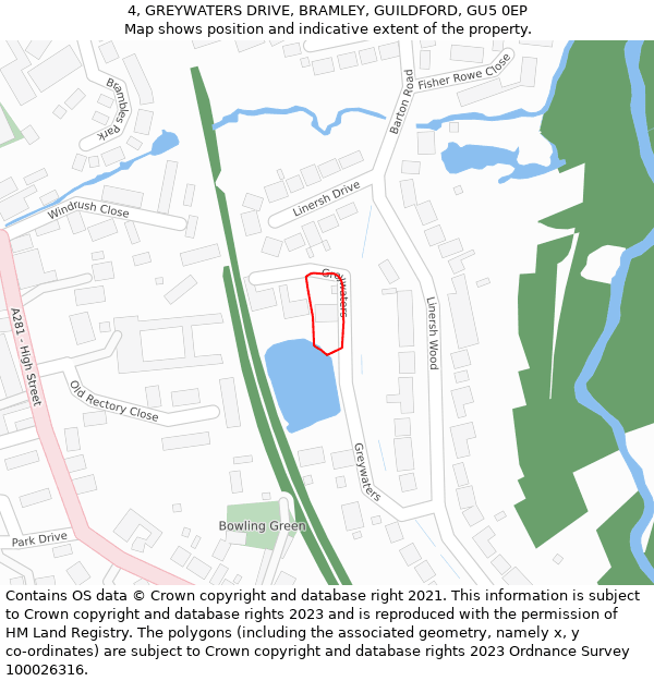 4, GREYWATERS DRIVE, BRAMLEY, GUILDFORD, GU5 0EP: Location map and indicative extent of plot
