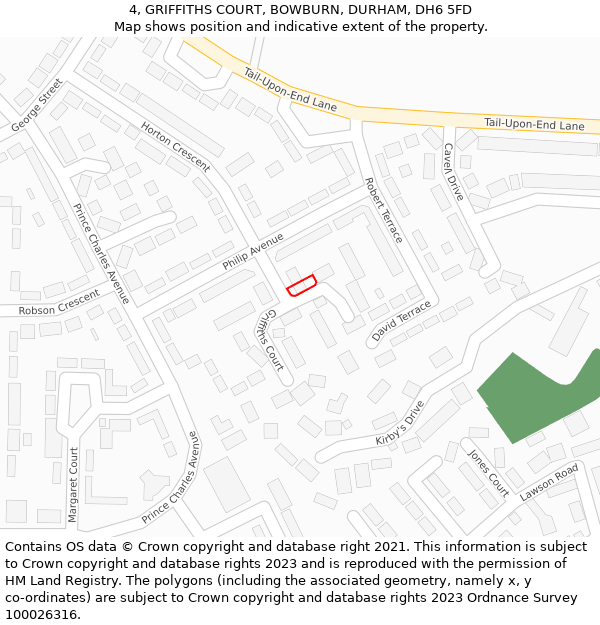 4, GRIFFITHS COURT, BOWBURN, DURHAM, DH6 5FD: Location map and indicative extent of plot