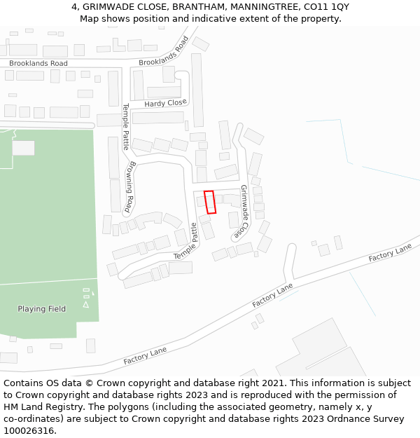 4, GRIMWADE CLOSE, BRANTHAM, MANNINGTREE, CO11 1QY: Location map and indicative extent of plot