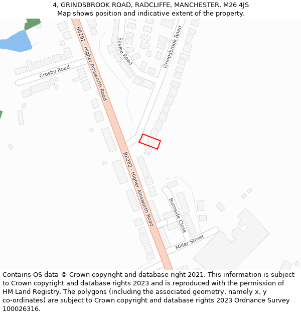 4, GRINDSBROOK ROAD, RADCLIFFE, MANCHESTER, M26 4JS: Location map and indicative extent of plot