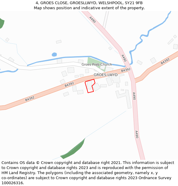 4, GROES CLOSE, GROESLLWYD, WELSHPOOL, SY21 9FB: Location map and indicative extent of plot