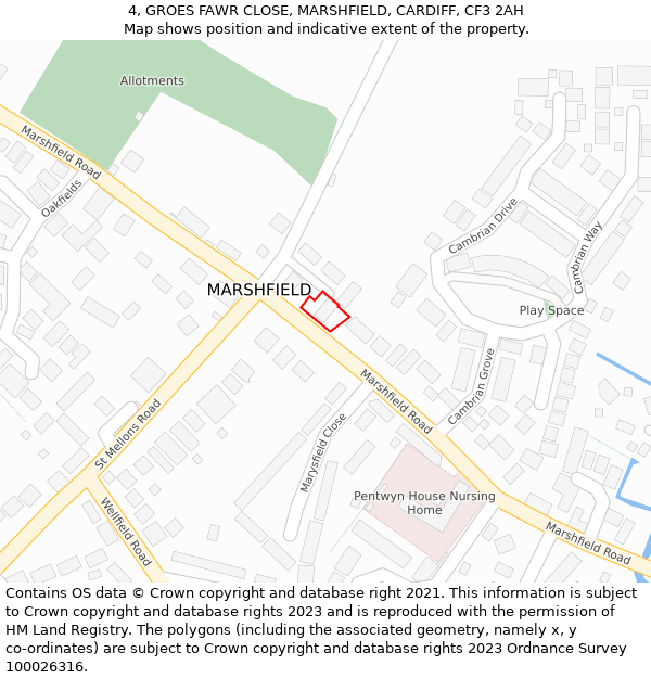 4, GROES FAWR CLOSE, MARSHFIELD, CARDIFF, CF3 2AH: Location map and indicative extent of plot