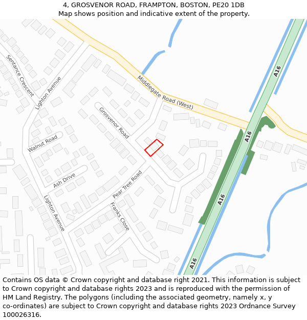 4, GROSVENOR ROAD, FRAMPTON, BOSTON, PE20 1DB: Location map and indicative extent of plot