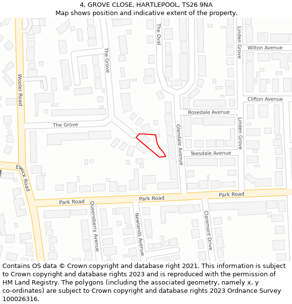 4, GROVE CLOSE, HARTLEPOOL, TS26 9NA: Location map and indicative extent of plot