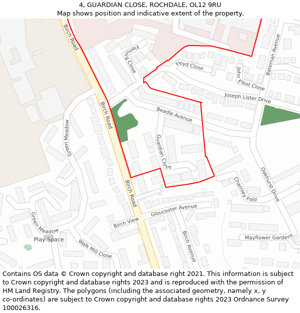 4, GUARDIAN CLOSE, ROCHDALE, OL12 9RU: Location map and indicative extent of plot