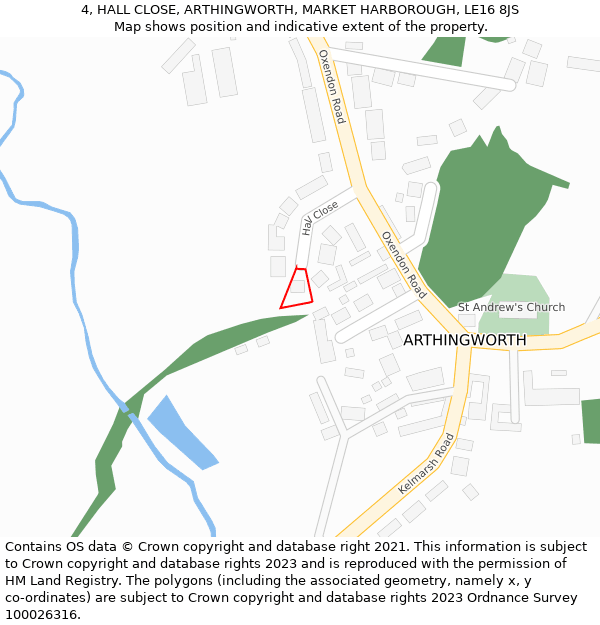 4, HALL CLOSE, ARTHINGWORTH, MARKET HARBOROUGH, LE16 8JS: Location map and indicative extent of plot