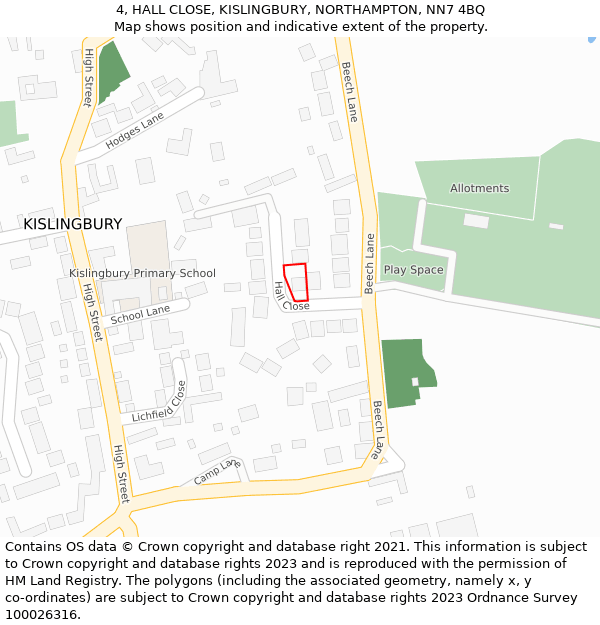 4, HALL CLOSE, KISLINGBURY, NORTHAMPTON, NN7 4BQ: Location map and indicative extent of plot