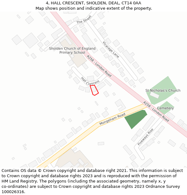 4, HALL CRESCENT, SHOLDEN, DEAL, CT14 0AA: Location map and indicative extent of plot