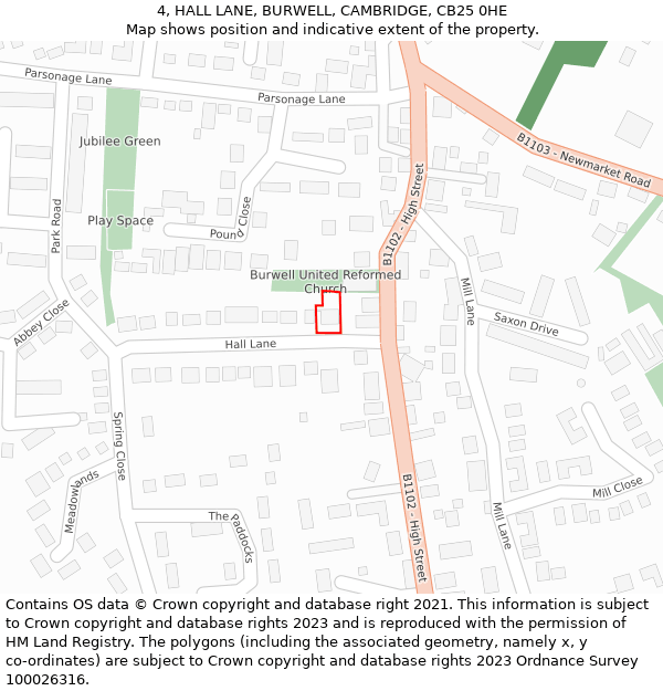 4, HALL LANE, BURWELL, CAMBRIDGE, CB25 0HE: Location map and indicative extent of plot