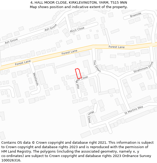 4, HALL MOOR CLOSE, KIRKLEVINGTON, YARM, TS15 9NN: Location map and indicative extent of plot