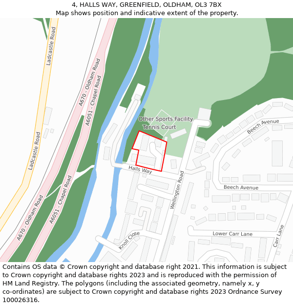 4, HALLS WAY, GREENFIELD, OLDHAM, OL3 7BX: Location map and indicative extent of plot