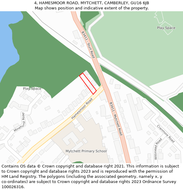 4, HAMESMOOR ROAD, MYTCHETT, CAMBERLEY, GU16 6JB: Location map and indicative extent of plot