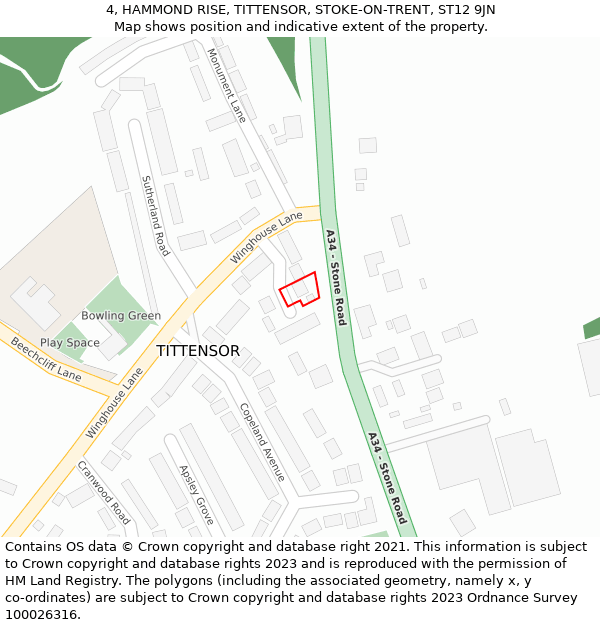 4, HAMMOND RISE, TITTENSOR, STOKE-ON-TRENT, ST12 9JN: Location map and indicative extent of plot