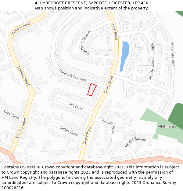 4, HARECROFT CRESCENT, SAPCOTE, LEICESTER, LE9 4FX: Location map and indicative extent of plot
